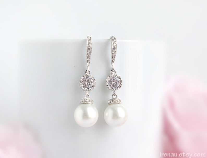 Bridal pearl earrings, Wedding dangle drop earrings, CZ crystal earrings with Swarovski white peals, Silver bridal jewelry Cubic Zirconia image 1