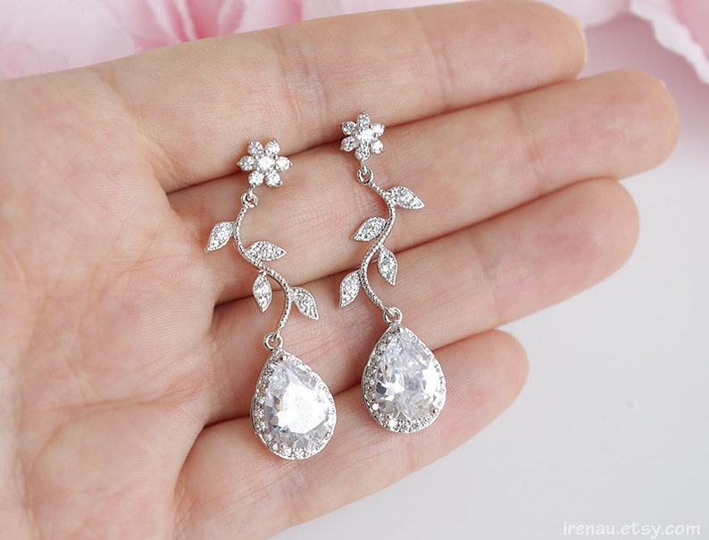 Bridal jewelry set, CZ bridal set, Vine Floral Y necklace and earrings set, Wedding jewelry cubic zirconia, Silver bridal jewelry crystal image 3