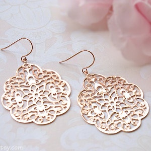 Rose gold earrings, Filigree modern earrings big lace, Large dangle earrings pink gold, Spanish style boho earrings Bridesmaid gift for her image 1