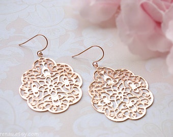 Rose gold earrings, Filigree modern earrings big lace, Large dangle earrings pink gold, Spanish style boho earrings Bridesmaid gift for her