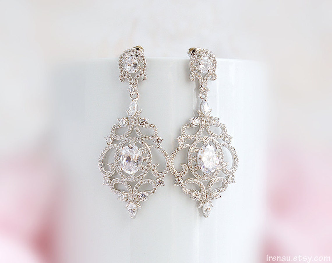 Crystal Bridal Earrings Silver CZ Wedding Earrings Chandelier - Etsy