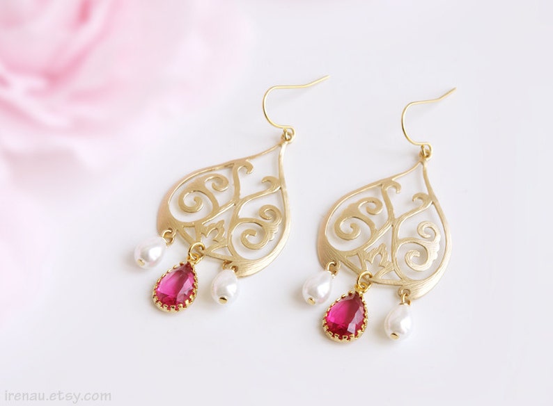Fuchsia Gold Chandelier Earrings White Pearl Filigree Large Etsy