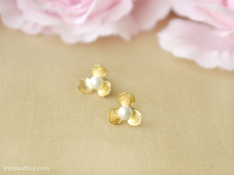 Gold stud earrings pearl gold earrings, Bridesmaid gift, pearl earrings stud, june birth stone, gold flower earrings post pearls image 3