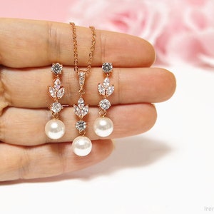 Brudsmyckeset, Swarovski pärlörhängen och halsbandset, Bröllopssmycken i roséguld, Kristallhängande örhängen i Swarovski pärla bild 3