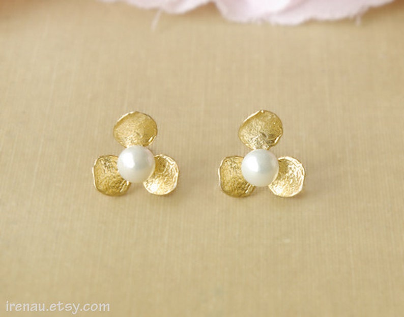 Gold stud earrings pearl gold earrings, Bridesmaid gift, pearl earrings stud, june birth stone, gold flower earrings post pearls image 1