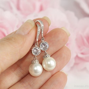 Bridal pearl earrings, Wedding dangle drop earrings, CZ crystal earrings with Swarovski white peals, Silver bridal jewelry Cubic Zirconia image 3