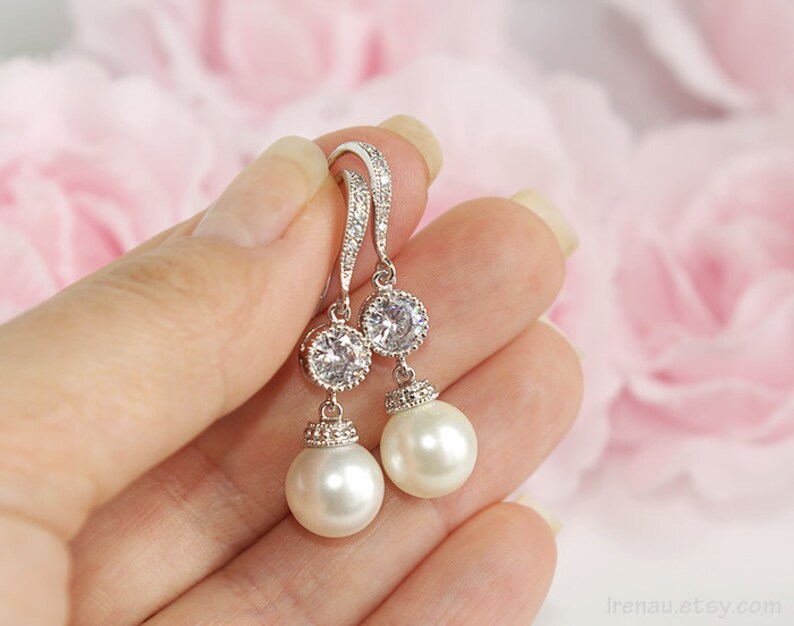 Bridal pearl earrings, Wedding dangle drop earrings, CZ crystal earrings with Swarovski white peals, Silver bridal jewelry Cubic Zirconia image 3