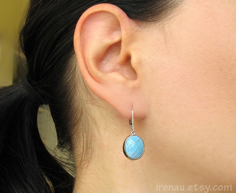 Turquoise earrings Blue turquoise dangle earrings Oval turquoise earrings Turquoise jewelry Silver turquoise earrings something blue