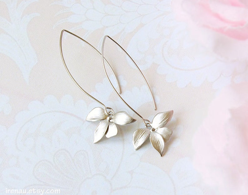 Silver orchid earrings, long dangle earrings, modern everyday earrings, matte silver flower earrings, silver bridal earrings girlfriend gift image 1