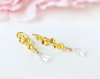 Gold branch earrings, Dangle floral earrings, Gold twig flowers blossom, Clear crystal earrings, teardrop glass earrings, botanical jewelry