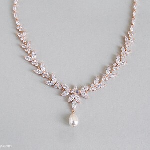 Rose gold bridal jewelry set, Wedding necklace and earrings set, CZ Crystal pearl bridal set, Y necklace and dangle earrings Wedding jewelry image 2