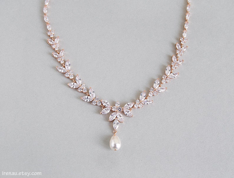 Rose gold bridal jewelry set, Wedding necklace and earrings set, CZ Crystal pearl bridal set, Y necklace and dangle earrings Wedding jewelry image 2