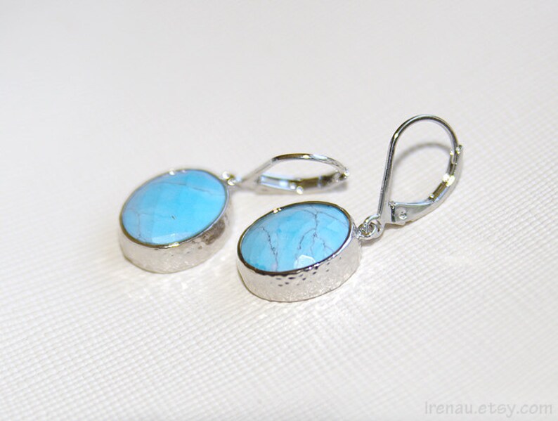 Turquoise earrings Blue turquoise dangle earrings Oval turquoise earrings Turquoise jewelry Silver turquoise earrings something blue