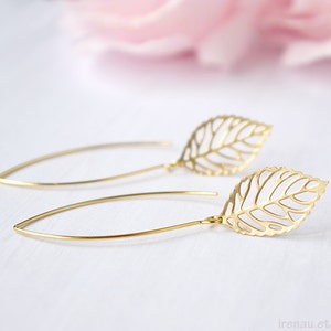 Gold leaf earrings Long dangle leaf earrings Leaf earrings filigree Modern everyday earrings Matte leaf jewelry Gift for her girl mom sister