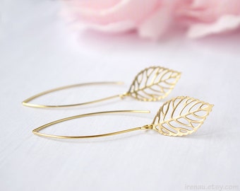 Gold leaf earrings Long dangle leaf earrings Leaf earrings filigree Modern everyday earrings Matte leaf jewelry Gift for her girl mom sister