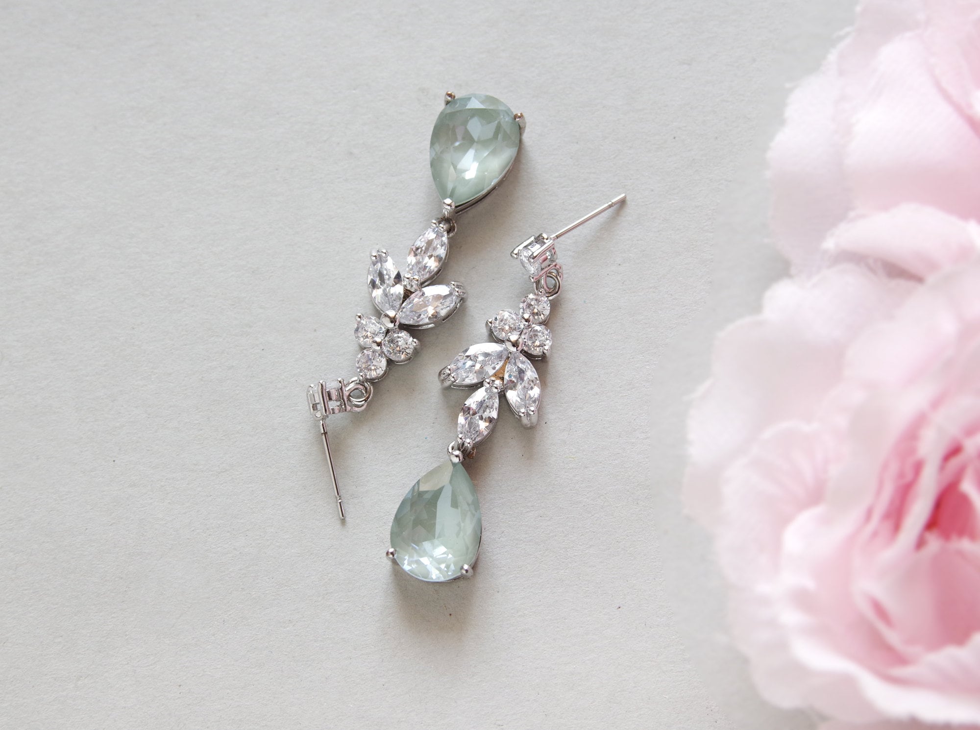 Sage Green Teardrop Crystal Bridal Earrings, CZ Dangle Earrings