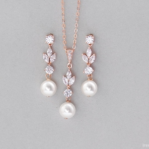 Brudsmyckeset, Swarovski pärlörhängen och halsbandset, Bröllopssmycken i roséguld, Kristallhängande örhängen i Swarovski pärla bild 7