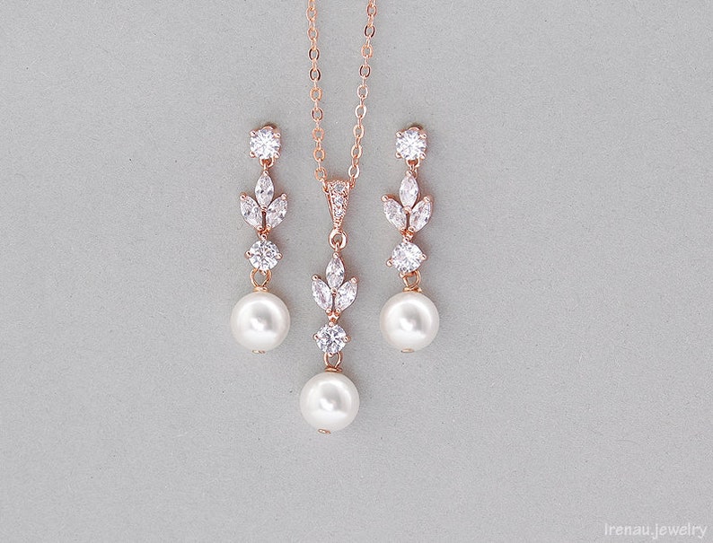 Bridal jewelry set, Swarovski pearl earrings and necklace set, Rose gold wedding jewelry, Crystal dangle post Swarovski pearl earrings image 7