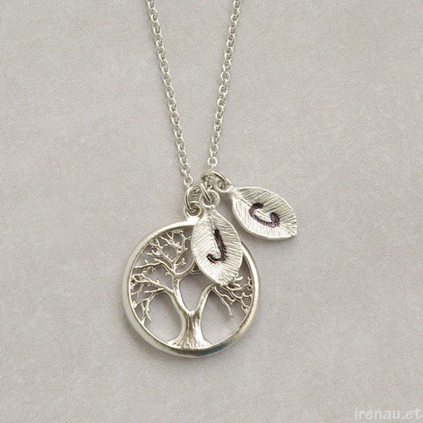 Personalized family tree necklace, Tree of life pendant, Silver Mother gift necklace initial, Custom stamped necklace, Monogram leaf pendant