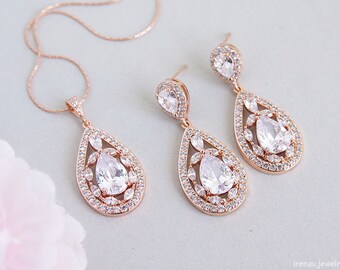 Rosegold Hochzeitsschmuck Set, Tropfen Kristall Braut Ohrringe und Halskette Set, Zirkonia große CZ Tropfen mit funkelndem klaren Kristall