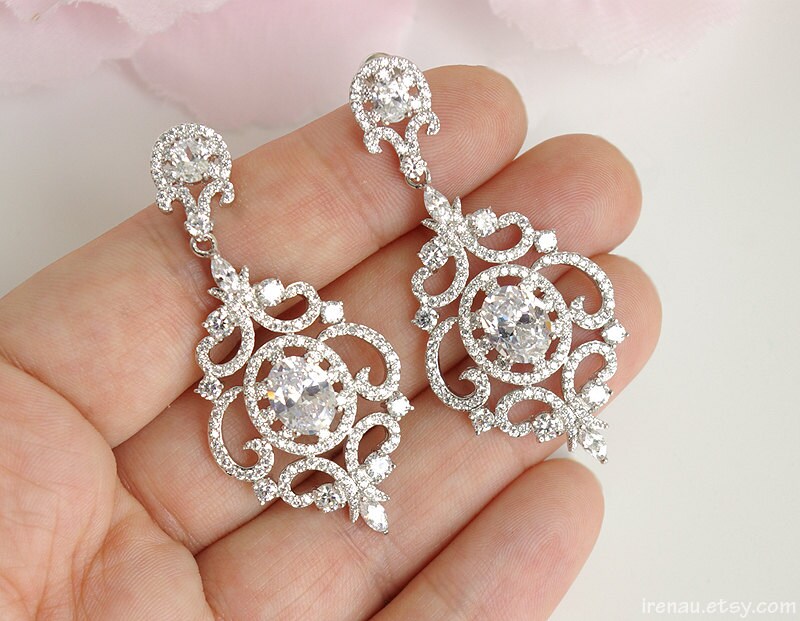 Crystal bridal earrings Silver CZ wedding earrings Chandelier | Etsy