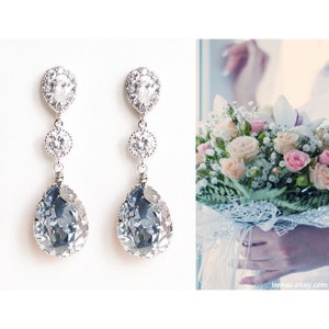 Dusty blue bridal earrings, Light blue teardrop crystal earrings, Dusty blue wedding jewelry Swarovski CZ zirconia posts dangle earrings
