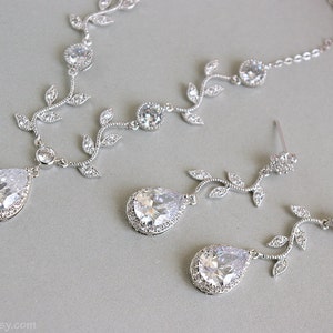 Bridal jewelry set, CZ bridal set, Vine Floral Y necklace and earrings set, Wedding jewelry cubic zirconia, Silver bridal jewelry crystal image 5