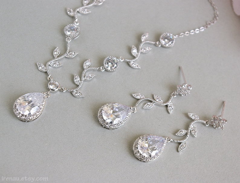 Bridal jewelry set, CZ bridal set, Vine Floral Y necklace and earrings set, Wedding jewelry cubic zirconia, Silver bridal jewelry crystal image 5