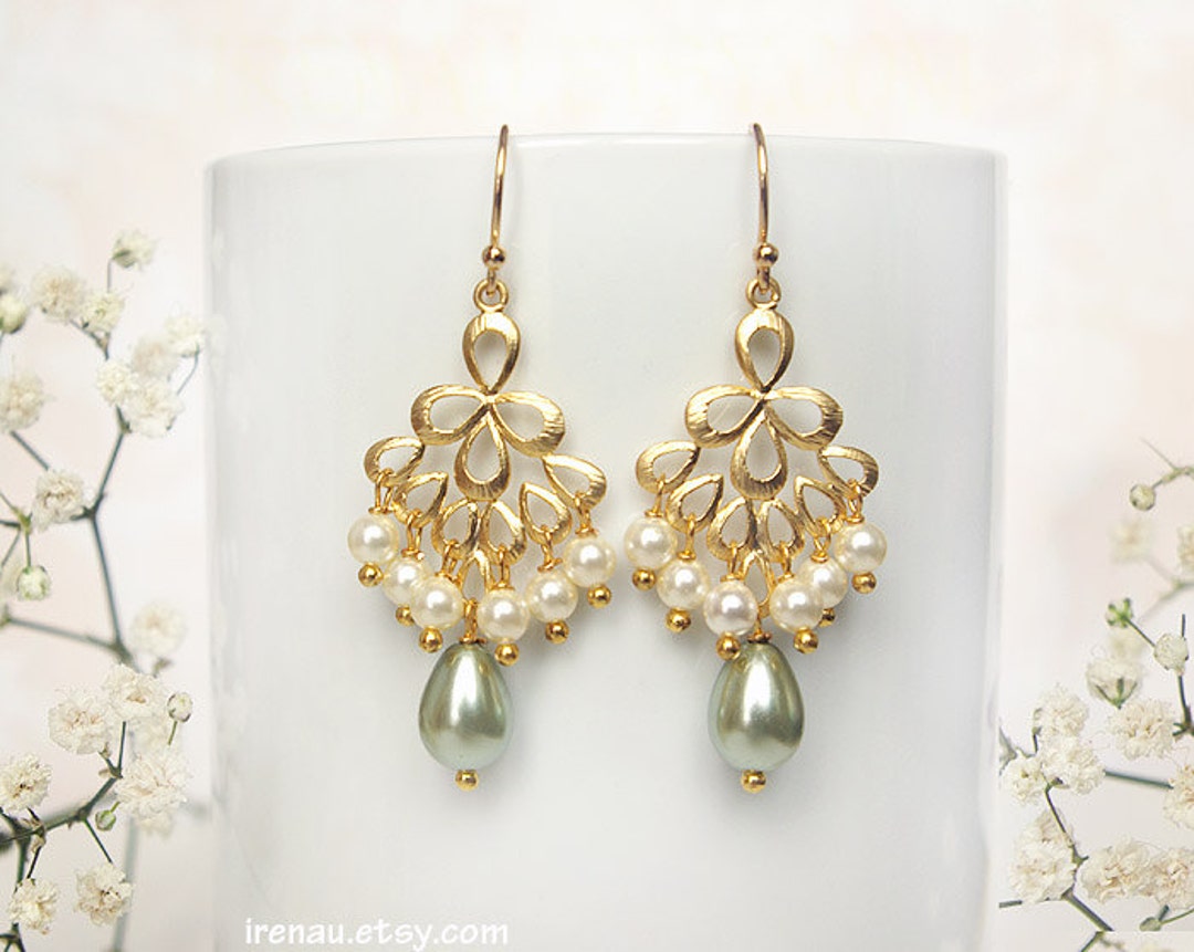 Sage Green Earrings, Gold Chandelier Earrings, Green Sage and White ...