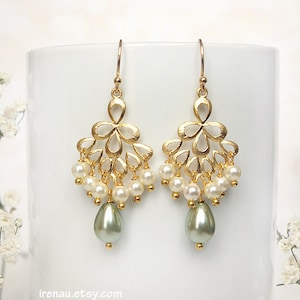 Sage green earrings, Gold chandelier earrings, Green sage and white pearl earrings, gold dangle pearl earrings, bridal jewelry sage green
