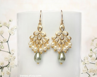 Sage green earrings, Gold chandelier earrings, Green sage and white pearl earrings, gold dangle pearl earrings, bridal jewelry sage green