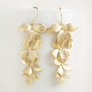 Gold orchids earrings, Long orchids flowers earrings, Floral dangle earrings, Cascade matte flowers long gold earrings, Bridal earrings