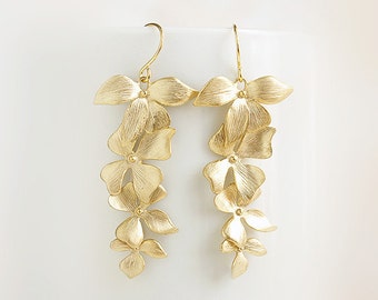 Gold orchids earrings, Long orchids flowers earrings, Floral dangle earrings, Cascade matte flowers long gold earrings, Bridal earrings