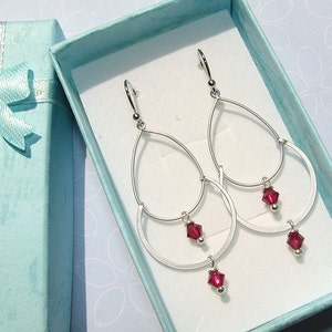 Ruby earrings, Silver Chandelier earrings, July birthstone jewelry, Cascade earrings, Fuchsia earrings, Silver earrings, Dangle earrings