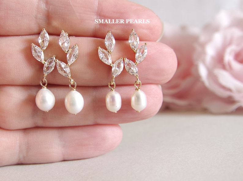 Bridal pearl earrings, Rose gold drop earrings, Crystal earrings, Wedding pearl earrings, Freshwater pearl drop earrings, Real pearl earring zdjęcie 9
