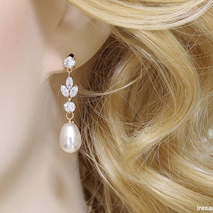 Ensemble de bijoux de perles de mariée, boucles d'oreilles de mariage en or rose et ensemble de colliers, boucles d'oreilles en perles de cristal Swarovski image 4