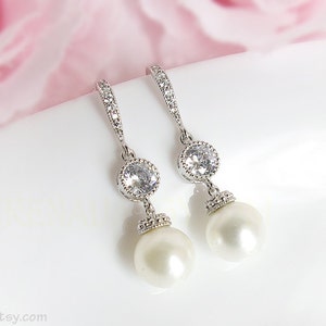 Bridal pearl earrings, Wedding dangle drop earrings, CZ crystal earrings with Swarovski white peals, Silver bridal jewelry Cubic Zirconia image 2