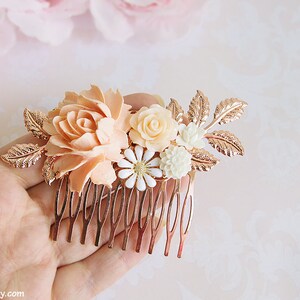 Rose gold hair comb, Bridal hair piece, Blush wedding comb, Ivory cream white soft pink flower bridal comb, Rose gold floral filigree comb image 3