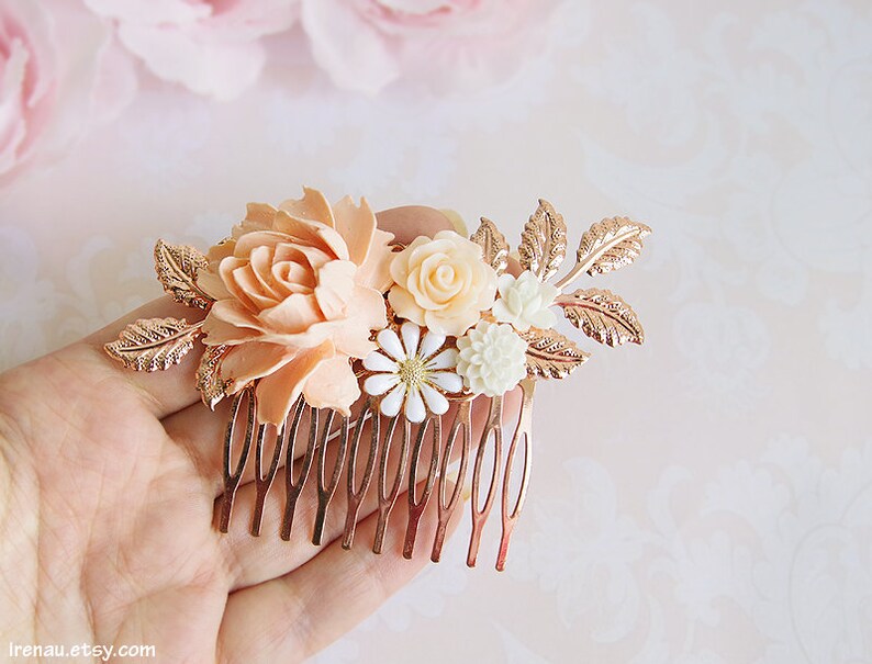 Rose gold hair comb, Bridal hair piece, Blush wedding comb, Ivory cream white soft pink flower bridal comb, Rose gold floral filigree comb image 3