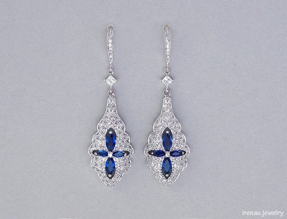 Orecchini Pendenti Foglia Blu Zaffiro Con Zirconia Cubica - Eleganza In Ottone Per Spose - 2