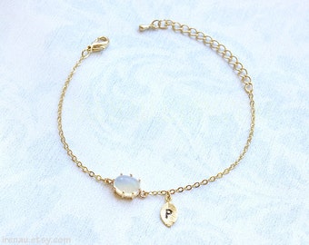 Opal bracelet, personalized bracelet initial gold, white opal stone bracelet, dainty bracelet gold chain delicate bracelet modern adjustable