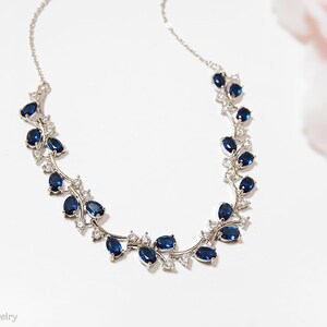 Blue wedding necklace, Sapphire blue bridal necklace, Navy blue crystal wedding jewelry Silver bridal leaf vine necklace Cubic Zirconia blue image 2