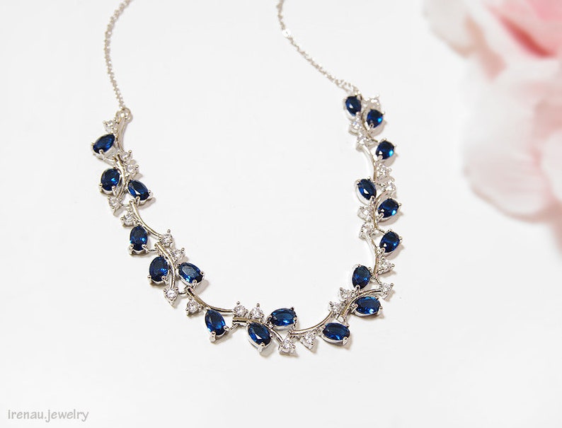 Blue wedding necklace, Sapphire blue bridal necklace, Navy blue crystal wedding jewelry Silver bridal leaf vine necklace Cubic Zirconia blue image 2
