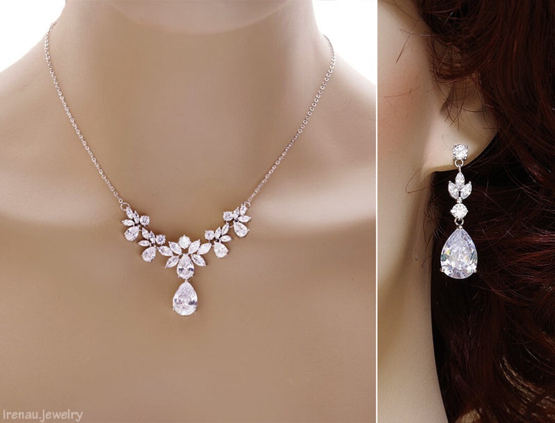 Set De Bijoux Mariage Collier Et Boucles D'oreilles Goujon - Zircone Argenté, Plaqué Argent, Fabriqué En France
