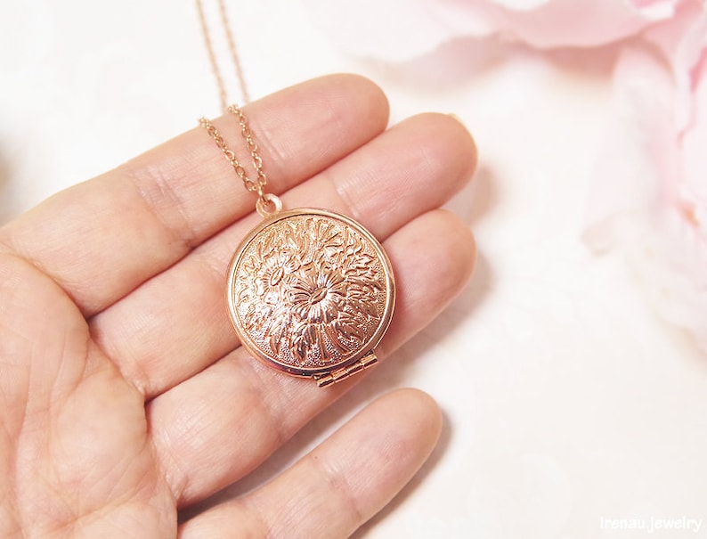 Rose Gold Locket Photo Locket Necklace Round Locket Pendant Etsy