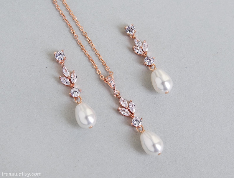 Bridal pearl jewelry set, Rose gold wedding earrings and necklace set, Crystal dangle post Swarovski teadrop pearl earrings image 5