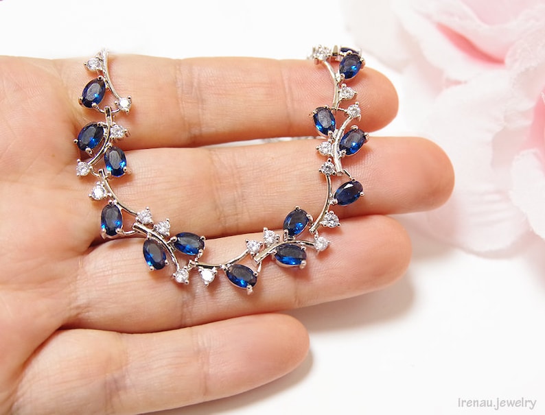 Blauwe bruiloft ketting, saffier blauwe bruid ketting, marineblauwe kristallen bruiloft sieraden Zilveren bruidsblad wijnstok ketting Cubic Zirconia blauw afbeelding 3