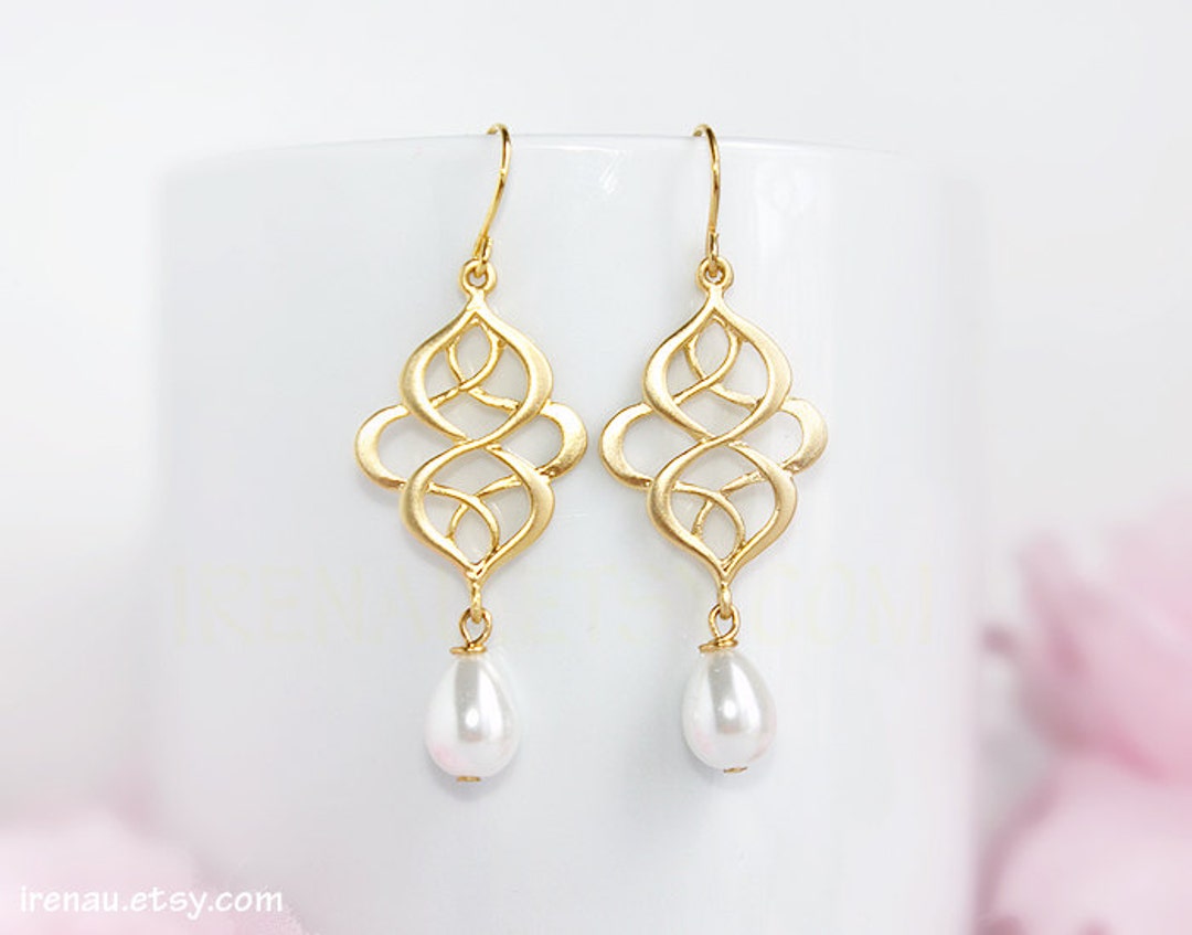 Gold Infinity Earrings Gold Filigree White Teardrop Pearl Earrings ...