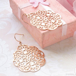 Rose gold earrings, Filigree modern earrings big lace, Large dangle earrings pink gold, Spanish style boho earrings Bridesmaid gift for her image 6