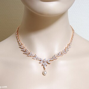 Rose gold bridal jewelry set, Wedding necklace and earrings set, CZ Crystal pearl bridal set, Y necklace and dangle earrings Wedding jewelry image 3